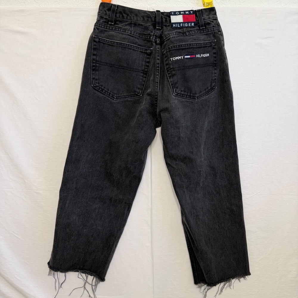 Vintage Y2K 90s Tommy Hilfiger Jeans Black Distressed Raw Hem Flag Denim Pants